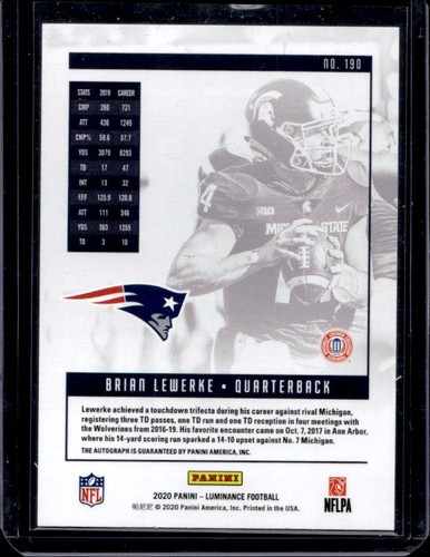 2020 Panini Luminance Brian Lewerke Rookie Gold Auto RC Rookie #61/100 Patriots - Picture 2 of 2