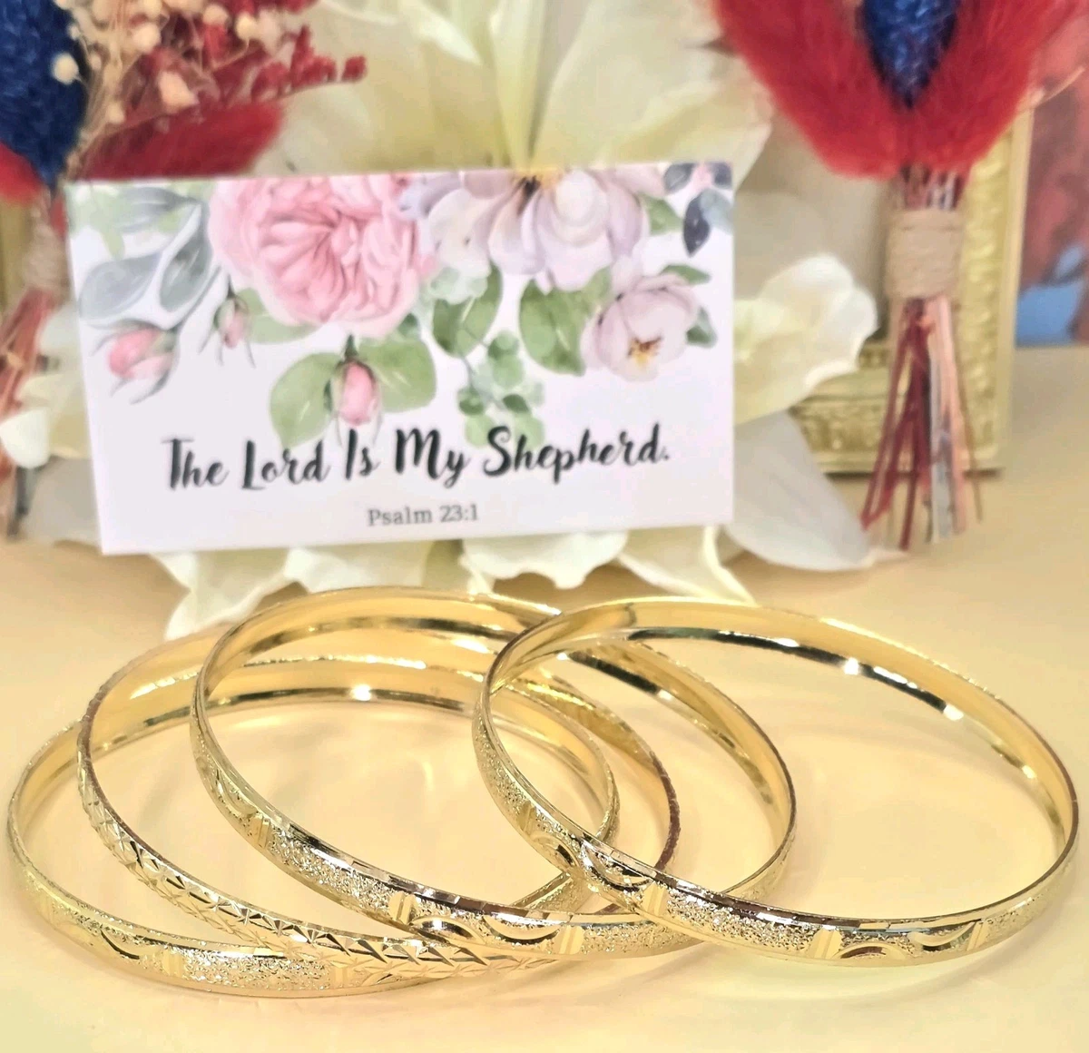 14K vergoldet Armreif Armband 4er Set strukturiert Diamantschliff Gold Größe 7