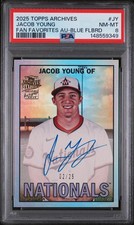 JACOB YOUNG ON-CARD AUTO /25 BLUE FOIL ROOKIE CARD 2025 TOPPS ARCHIVES PSA 8. rookie card picture