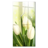 Glas-Wanduhr Im Hochformat Als Wanddekoration WeißE Tulpen WeißE Zeiger 30X60 Cm