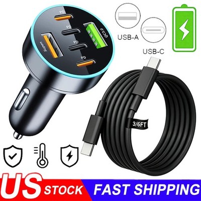 120W Fast Car Charger 4 Port Adapter & Cable For Samsung iPhone Android Phone US