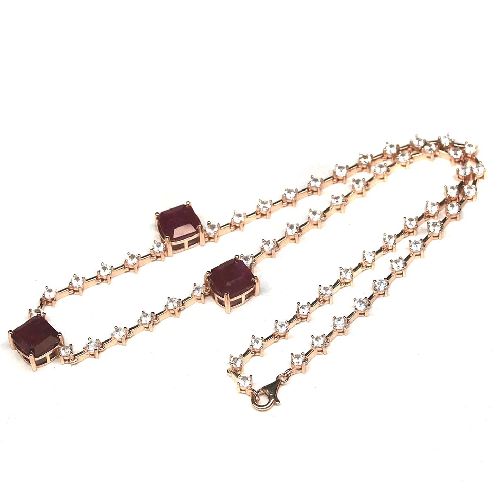 925 Sterling Silver 9 x 9 mm. Red Ruby & Zircon Necklace 17 in Rose Gold Coated - Image 3 of 4