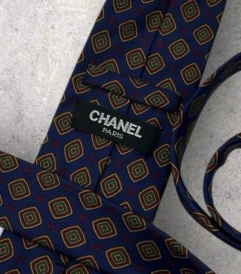 CHANEL ネクタイ CHANEL VINTAGE Silk Tie ITALY Blue Burgundy Geometric Monogram