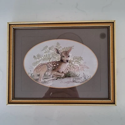 Vintage Framed Deer Miniature Print – Woodland Fawn Picture Gold Wooden Frame - Image 1 of 4