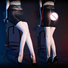 Women Mesh Mini Skirt See Through Lace Trim High Waist Sheer Shiny Glossy Skirt.