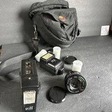 Vintage 35mm Camera Lot: Makinon 50mm f/1.7 Lens, Suntax Flash, Bag R53