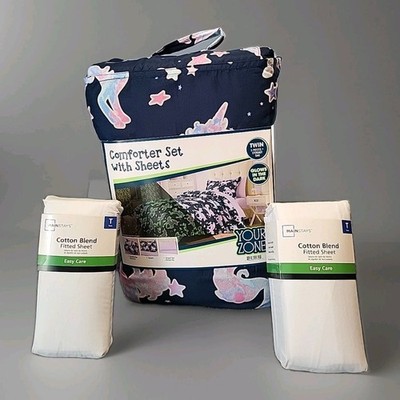 Your Zone 8pc Glow in the Dark Unicorn Bed in a Bag Twin Blue Purple Pink  New