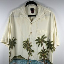 Vintage Quicksilver Shirt Mens Large Cream Rayon Hawaiian Palm Tree Beach USA