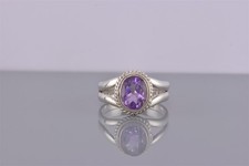 Sterling Silver Oval Purple Amethyst Cable Trim Double Band Ring 925 Sz: 8