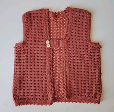 Vintage Handmade Sweater Vest Openwork Crochet Open Front Rust Boho Hippie Retro