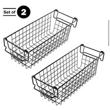Set of 2 Black Wire Stacking Storage Baskets 16x6x5.5 Pantry Bathroom Organizer
