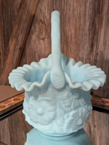 Vintage 1970's Fenton Art Glass Blue Satin Poppy Flower Basket Vase w / Handle