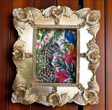 Leopard & Blue Macaw watercolor print in mini gold vintage style ornate frame