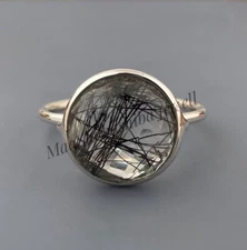 Natural Black Rutilated Quartz Ring 925 Sterling Silver Bohemian Rings For Women