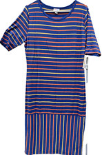 LuLaRoe Womens Sheath Shift Dress Blue Midi Striped Scoop Neck Short Sleeve XL