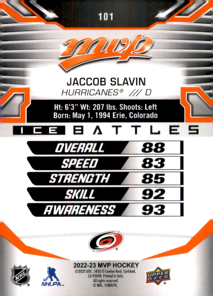 2022-23 Upper Deck MVP #101 Jaccob Slavin Ice Battles - Image 2 of 2