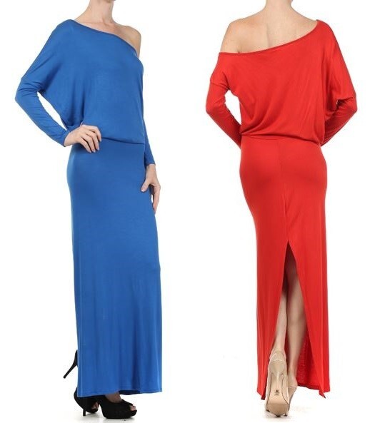 off the shoulder dolman dress New Asymmetric Dolman Draping Off Shoulder Maxi Dress (S) Blue Flare Long  Sleeve