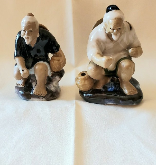 Asian Mudmen, Set of 2 Ceramic Glazed Fishermen Figurines eBay