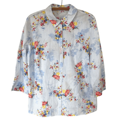 Gerry Weber 3/4 Sleeve Blouse With Striped & Floral Pattern Blue Sz M