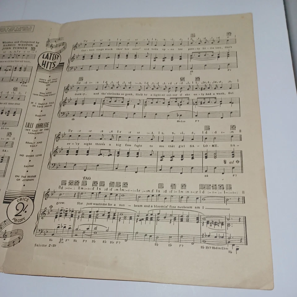 SALOME BY HARRIS WESTON AND JOHN TURNER VINTAGE SHEET MUSIC B66 - Image 3 of 4