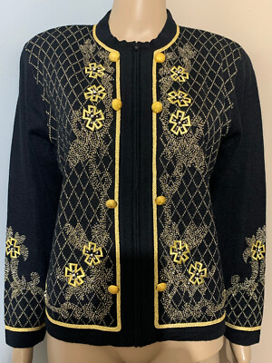 ANCORA CIAO Vint XS (SM) Black Gold Metallic Embellished Zipper CARDIGAN SWEATER