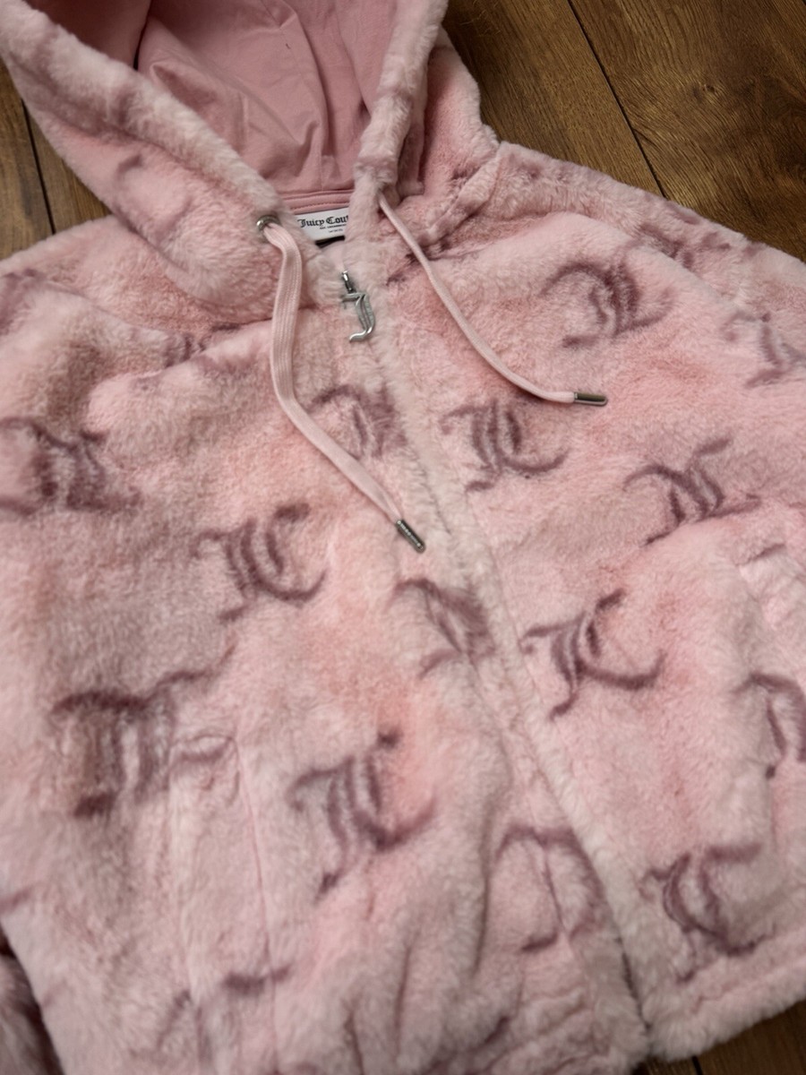 JUICY COUTURE Fluffy Pink Monogram Faux Fur Zip Hoodie Size JUICY COUTURE Fluffy Pink Monogram Faux Fur Zip Hoodie Size
