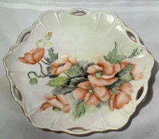 Open Lace Edge Hand Painted 10-1/4" Plate Unmarked Pink Flowers, Green Leaves