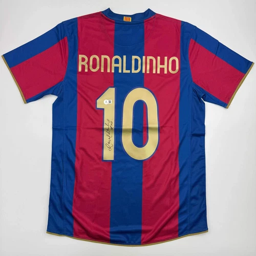 Autographed/Signed Ronaldinho Barcelona Blue/Red Soccer Jersey Beckett BAS COA