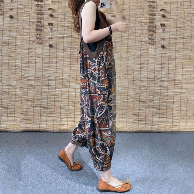 Boho Damen Latzhose Blumenmuster Strumpfhalter Overall Breit Bein Hose Strampler - Bild 2 von 4