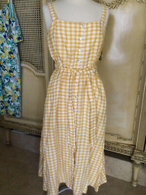 NWT Cynthia Rowley Women 100% Linen Strap Dress Yellow/White