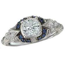 Art Deco Lab Created Diamond and Sapphire Filigree Engagement Ring In 925 Silver