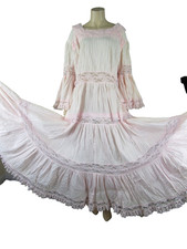 Vintage 70s Mexican Pink Cotton Lace Pintuck Maxi Festival Fiesta Dress L/XL/XXL