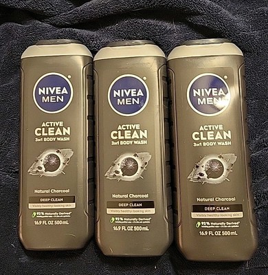 3 NIVEA MEN 3-In-1 Active Clean Natural Charcoal 16.9 fl. oz. Body Washes