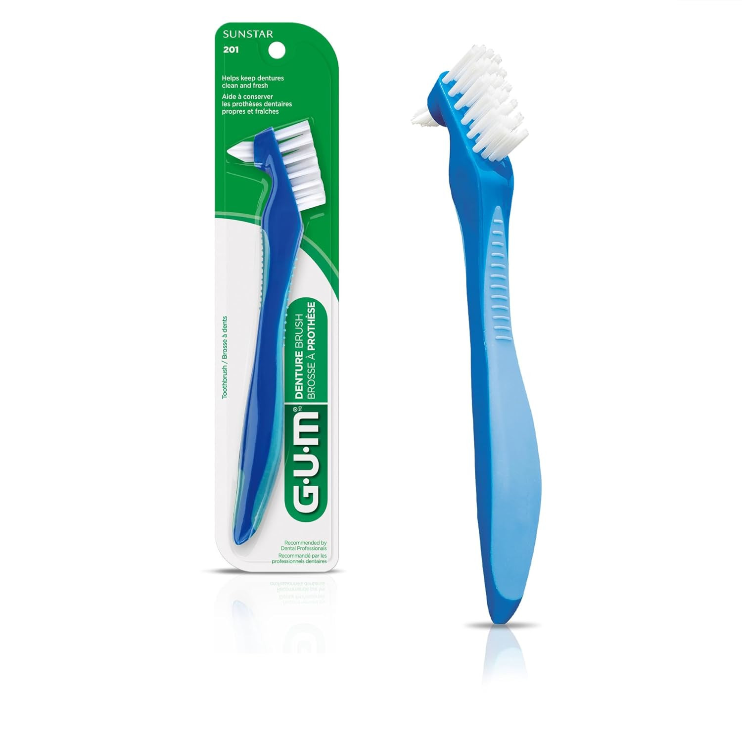 GUM Denture Brush - Dual Headed Hard Bristle Toothbrush for Dentures & Acrylic R