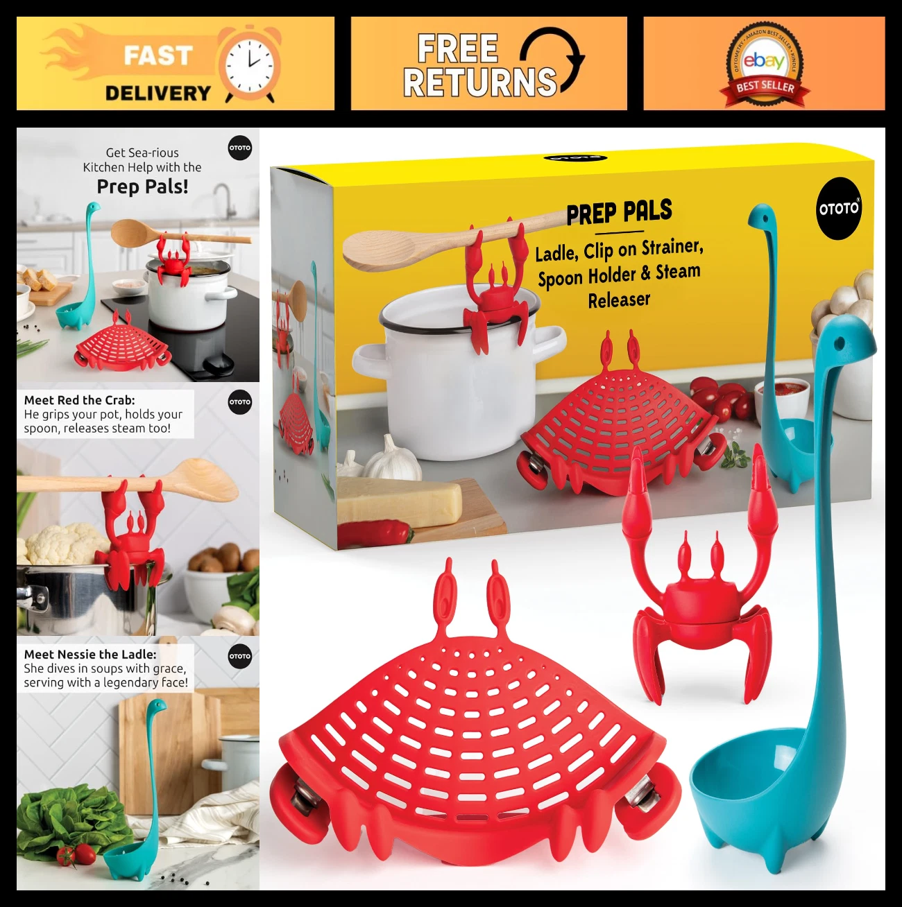 Cute Kitchen Accessories Bundle - Crab Spoon Rest, Soup Ladle, Pasta Strainer, U