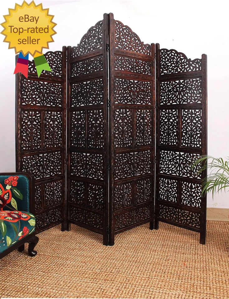 Separador de habitaciones pantalla de madera Mahanadi marrón antiguo 4 paneles plegable 72X80 Foto 4 de 4
