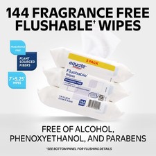 Equate Flushable Wet Wipes, Fragrance Free, 144 Wipes 3 Pack Resealable