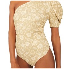 Free People Bohemian One Shoulder Puff Sleeve Floral Bodysuit Beige Women s S