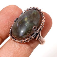 Blue Fire Labradorite Gemstone Handmade Wire Wrap Copper Jewelry Ring 7" PG 24