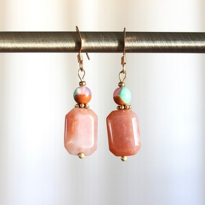 Handmade Peach Stone Drop Earrings Boho Gold Tone Rectangular Dangle Earrings