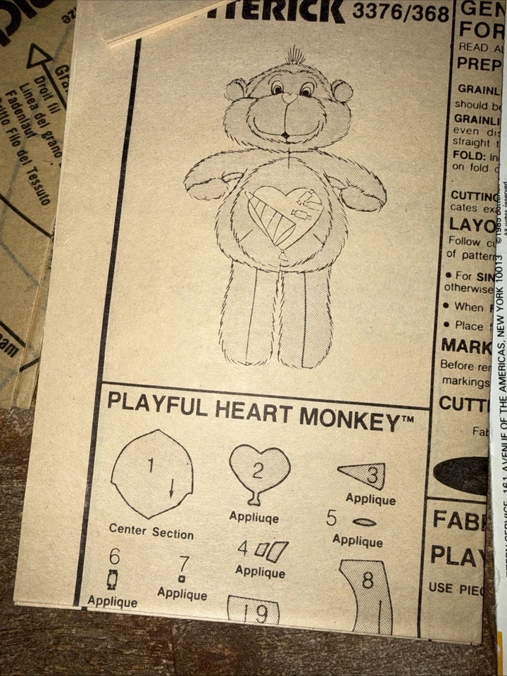Vtg Care Bear Cousin: Playful Heart Monkey ©1985 Butterick Sewing Pattern # 3376 - Image 4 of 4