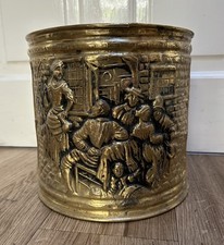 Vintage Brass Bin Embossed Scene On Sides 21cm Tall Planter Coal Wood Bucket