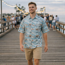 Hawaiian Novelty Print  Sailboat Tropical Resort Short Sleeve Camp Shirt Men M