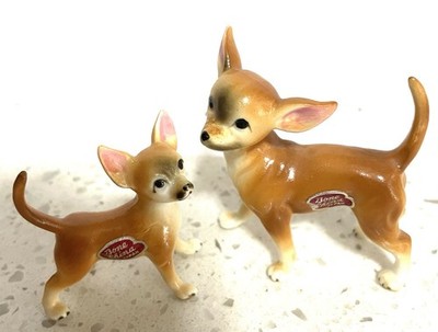Vtg  Minature Bone China Japan  Chihuahua Dog 2.25'' high Tan Mama & 1.75'' Puppy
