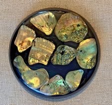 Vintage Lucite Abalone Shell Souvenir Round Black Trivet Hot Plate 7 inch