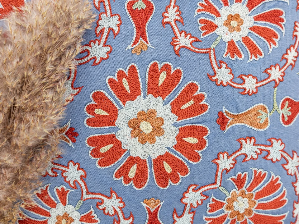 Silk Suzani Embroidered Pillow Cover 20x20 in Sky Blue Cream Designer Accent - Image 4 of 4