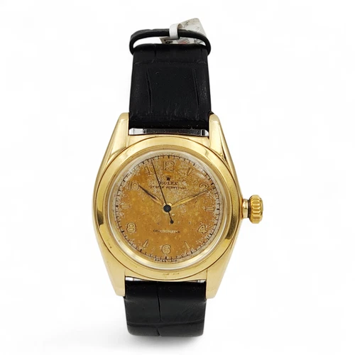 Rolex Vintage 1950's Bubbleback Gold Watch w/Gold Dial & Leather Strap. (6075)