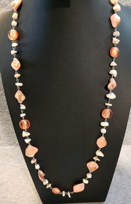 Estate Long Orange Cream & Brown Agate Acrylic Nugget Necklace 17''