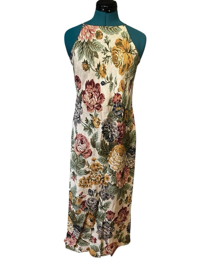 Karen Kane Dress Womens Medium Beige Multi Floral 100% Linen Maxi Vintage 90s - Image 2 of 4