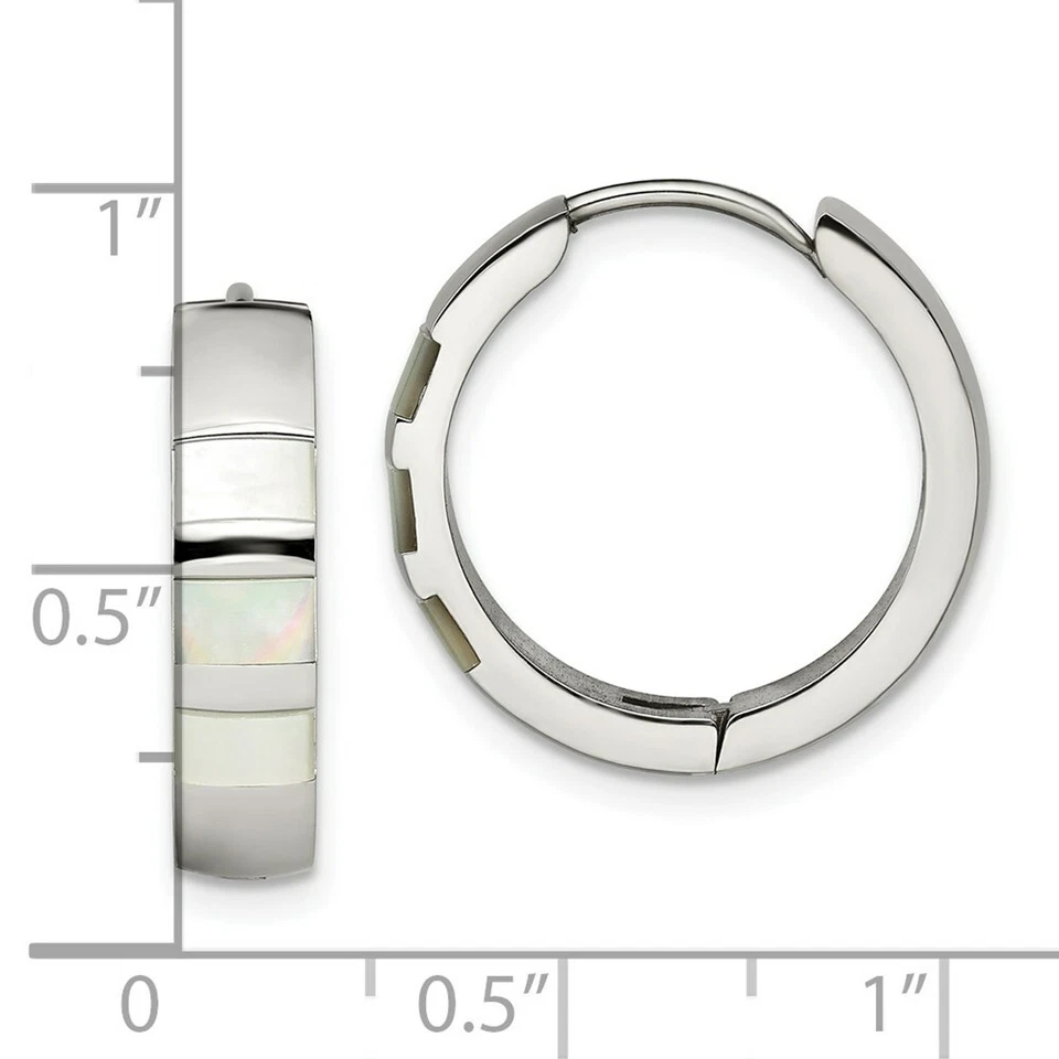 Pendientes de aro con bisagras de perlas de acero inoxidable pulido con concha Foto 3 de 3